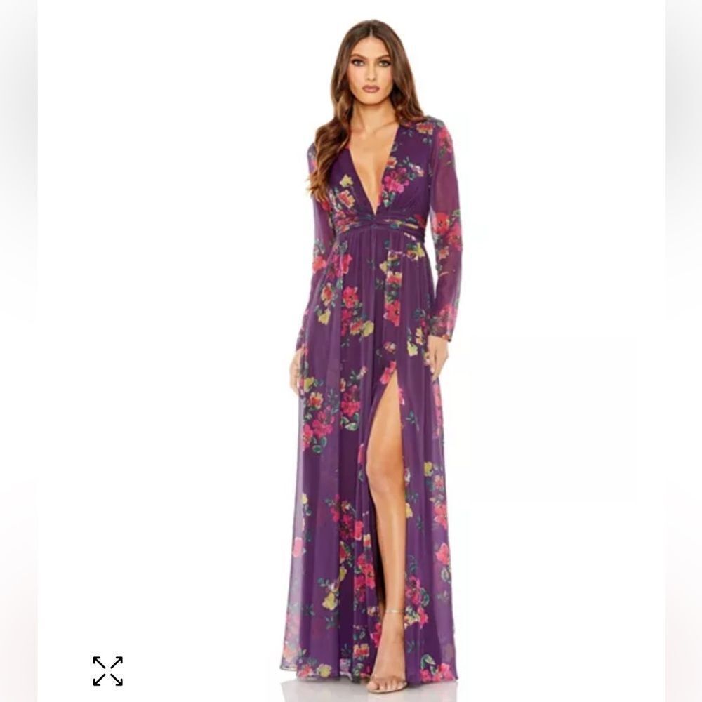 Mac Duggal 68558 Long Sleeve Ruched Top Deep V Gown